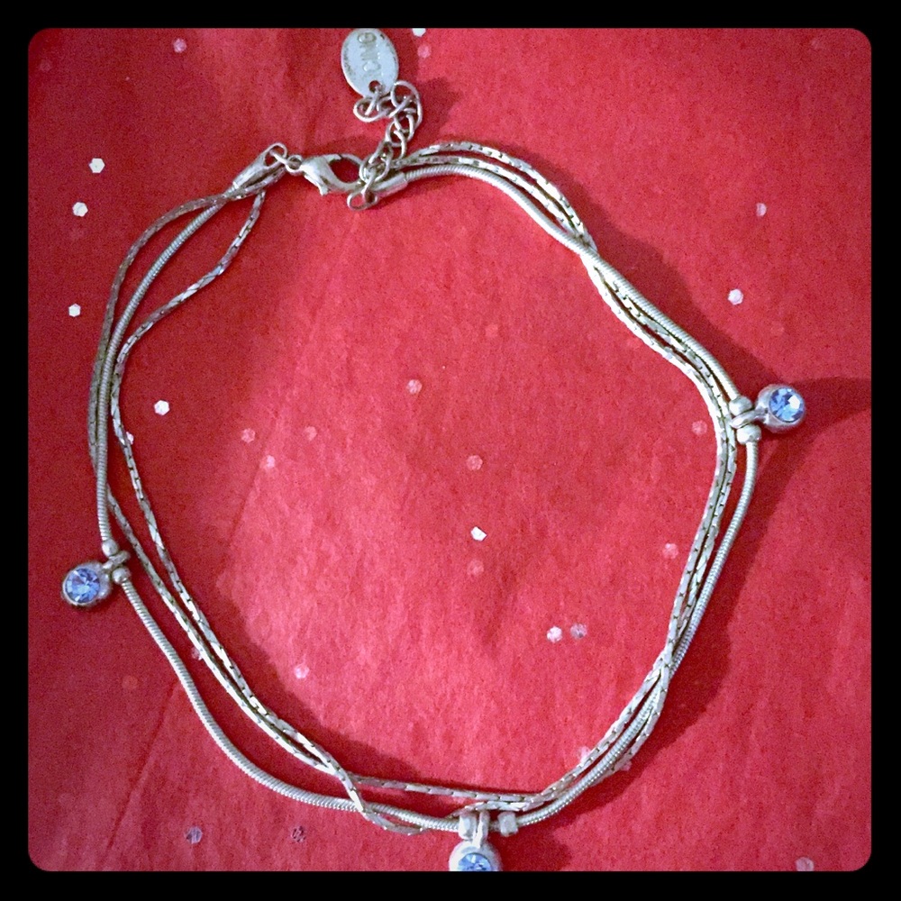 3-strand anklet with blue rhinestone dangles-